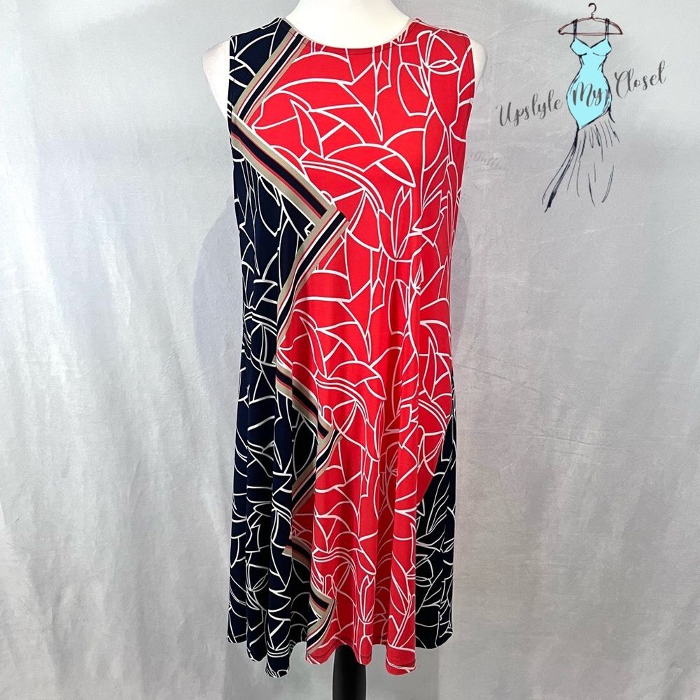 MSK orange navy and tan abstract print keyhole back shift dress size medium